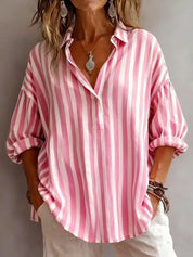 Savannah Clark | Pink Striped V-Neck Blouse with Rolled Long Sleeves