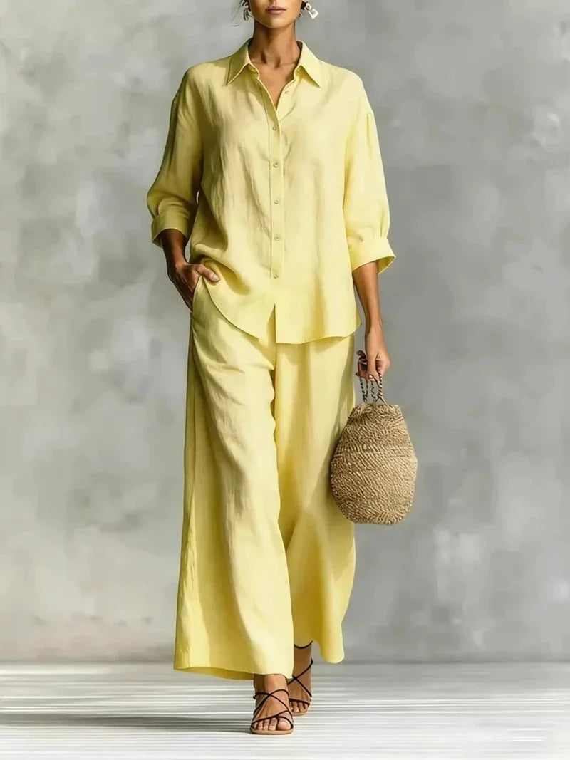 Scarlett Green | Pink Linen Two-Piece Shirt & Wide-Leg Pants Set For Women