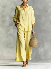 Scarlett Green | Pink Linen Two-Piece Shirt & Wide-Leg Pants Set For Women