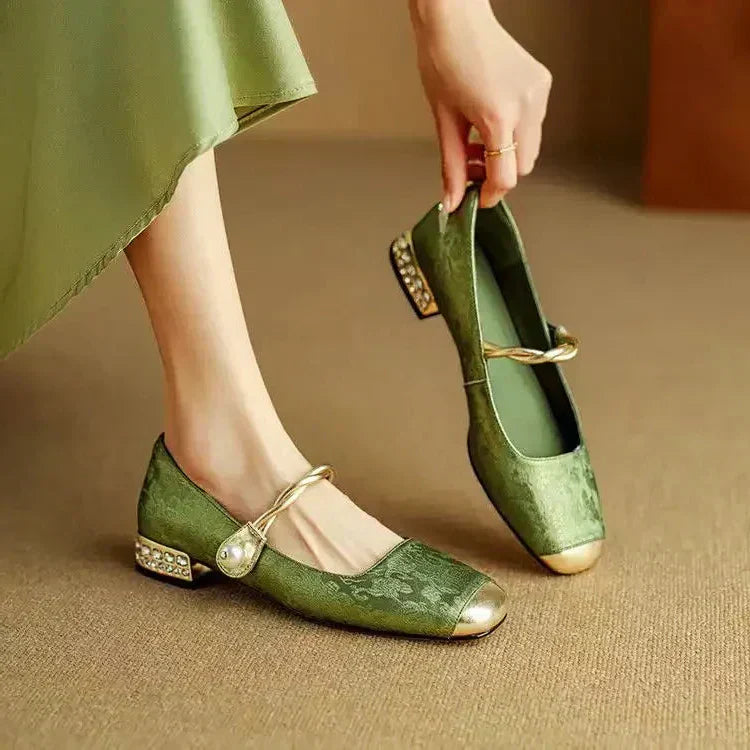 Celestine Ashvale | Green Pearl Strap Mary Jane Low Block Heel