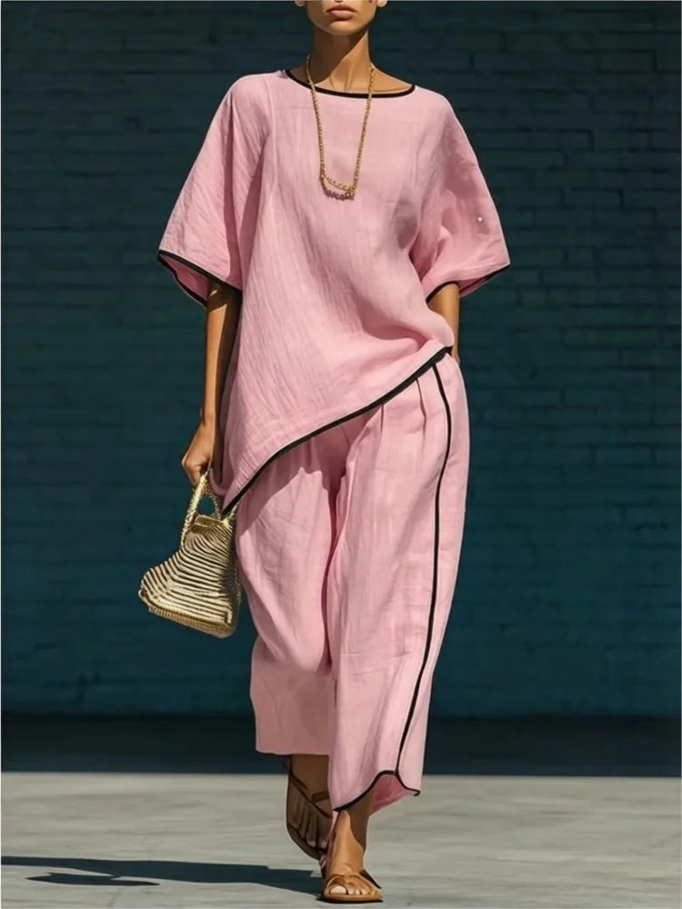 Nora King | Linen Cropped Wide Leg Pant Set in Blue