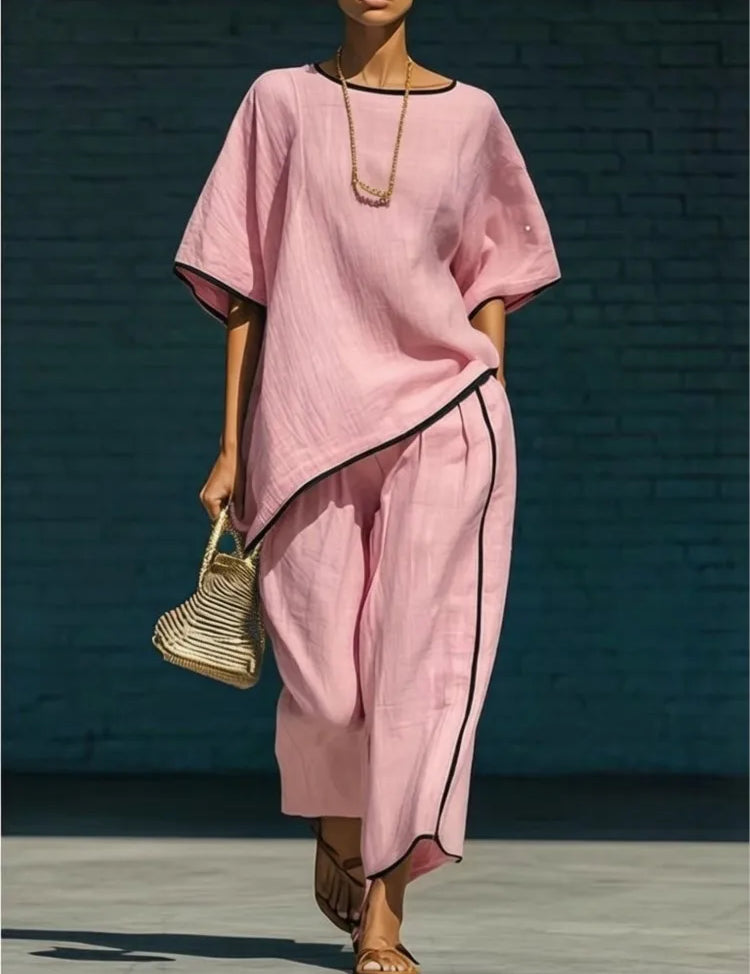 Nora King | Linen Cropped Wide Leg Pant Set in Blue