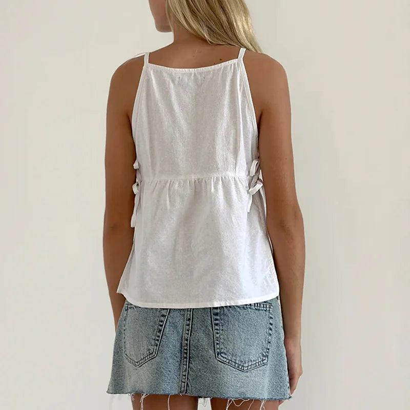 Lorraine Castellfort | Plaid Sleeveless Peplum Tank Top with Bow Ties