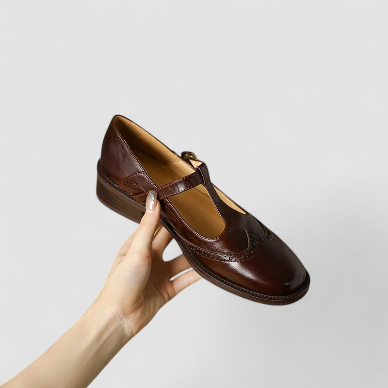Celestine Browning | Cream Leather T-Strap Brogue Mary Jane Flats
