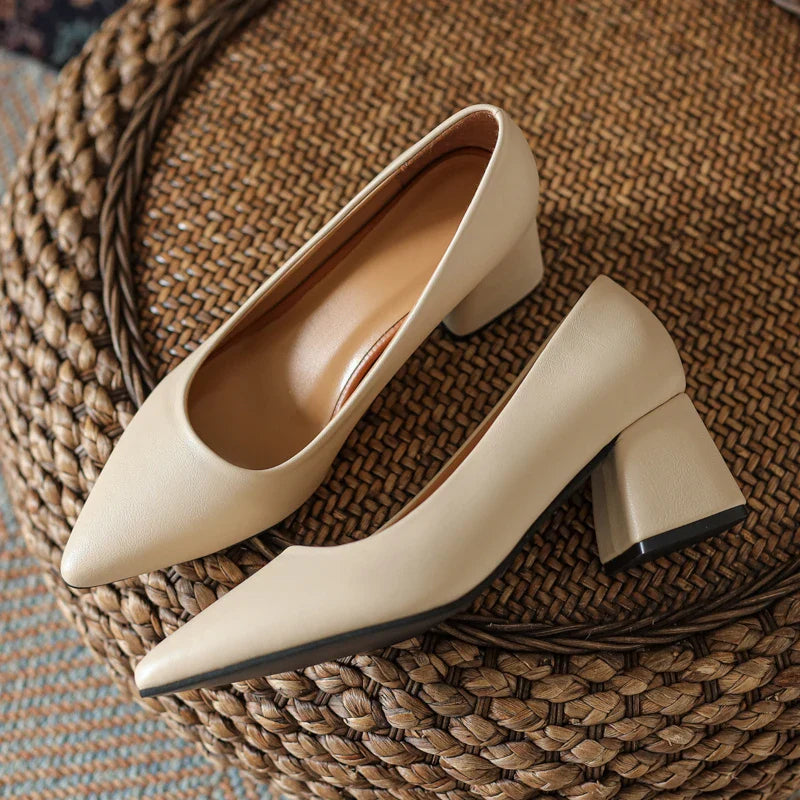 Arabella Kensington | White Block Heel Pointed-Toe Pumps