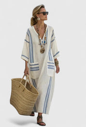 Coralie Deschambault | V-Neck Kaftan Maxi Dress with Stripe Detail