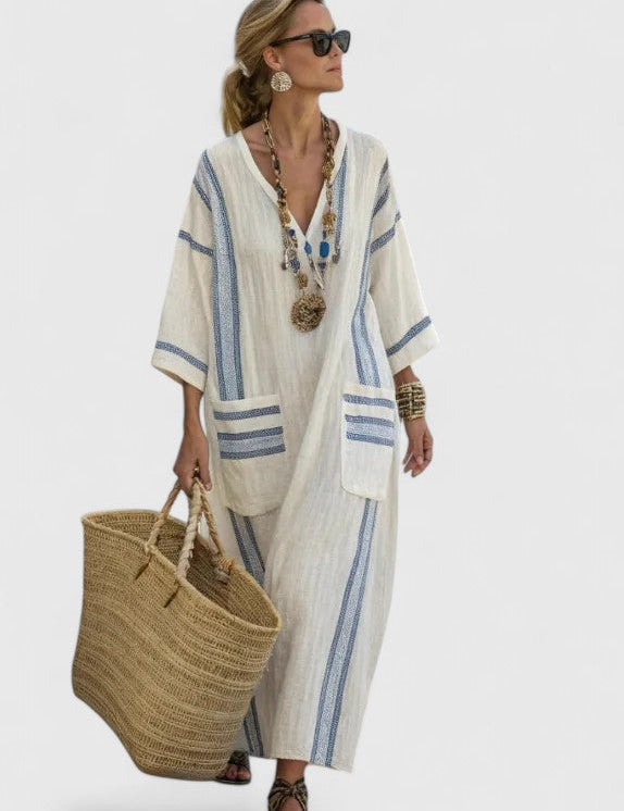 Coralie Deschambault | V-Neck Kaftan Maxi Dress with Stripe Detail