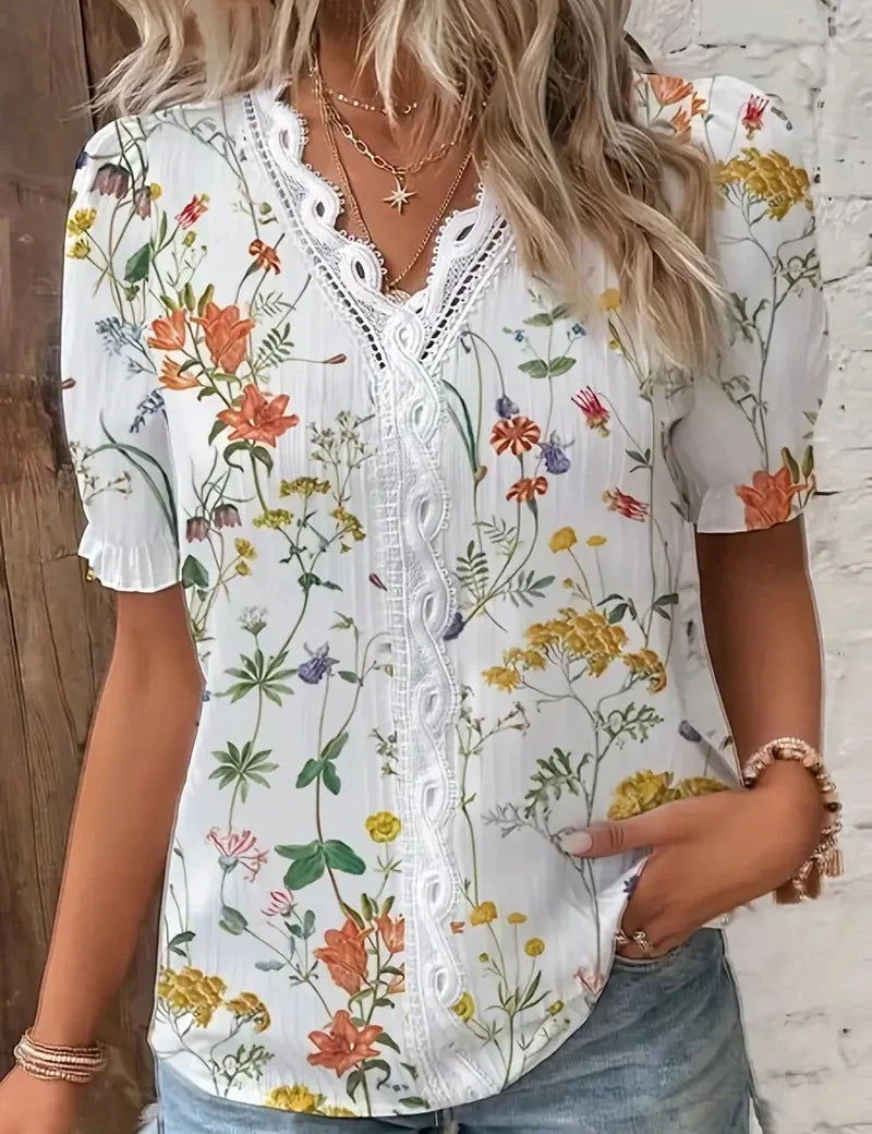Penelope Hall | Floral Print V-Neck Blouse with Lace Trim