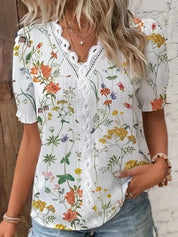 Penelope Hall | Floral Print V-Neck Blouse with Lace Trim