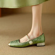 Celestine Ashvale | Green Pearl Strap Mary Jane Low Block Heel