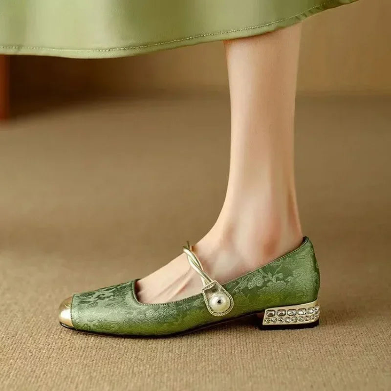 Celestine Ashvale | Green Pearl Strap Mary Jane Low Block Heel