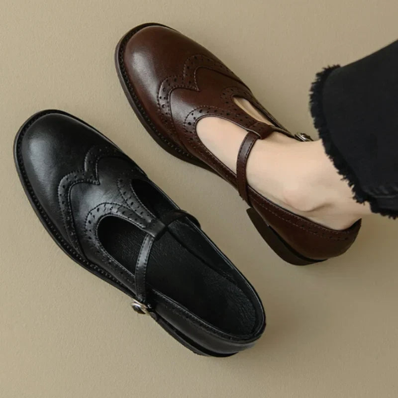 Rowena Delvigne | Brown Brogue T-Strap Mary Jane Low Block Heel