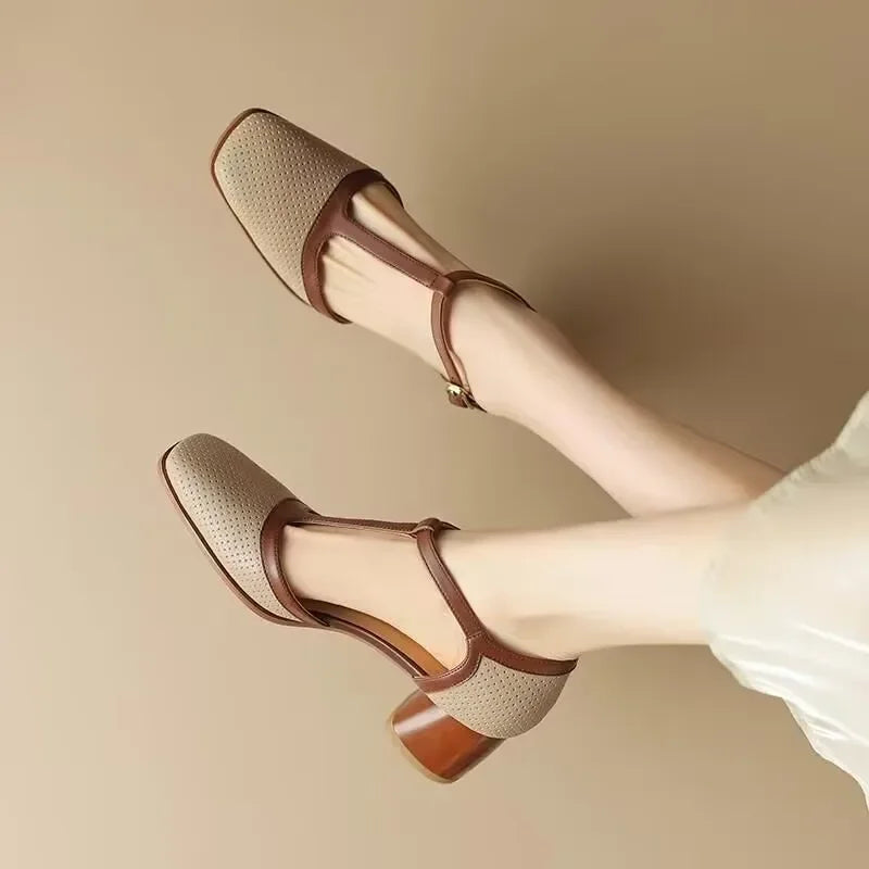 Celestine Beaumont | T-Strap Block Heel Square Toe Pumps