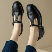Rowena Delvigne | Brown Brogue T-Strap Mary Jane Low Block Heel