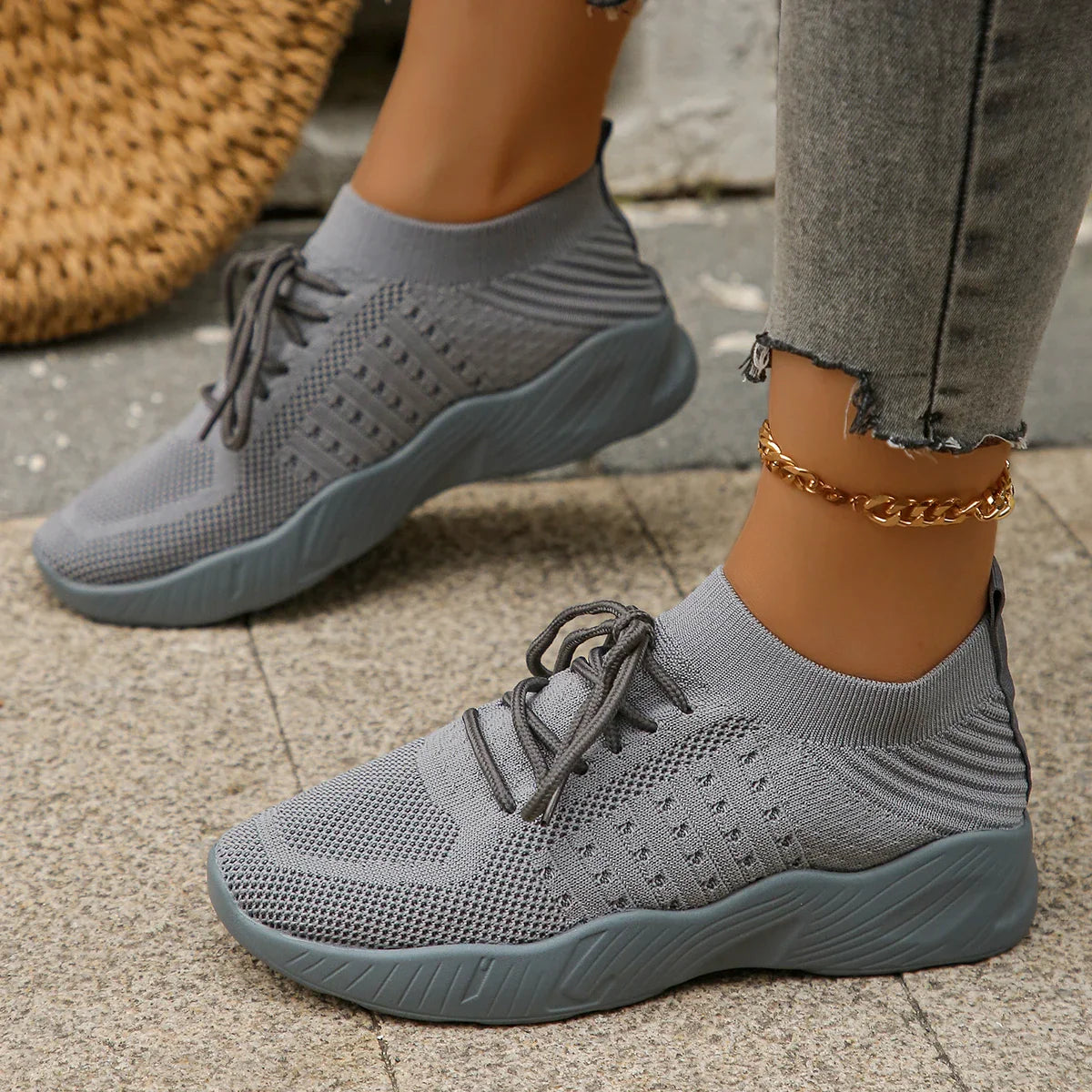 Emmeline Vaudreau | Beige Knit Lace-Up Sneakers for Women