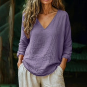 Aubrey Nelson | Cotton Linen V-Neck Long Sleeve Casual Top For Women