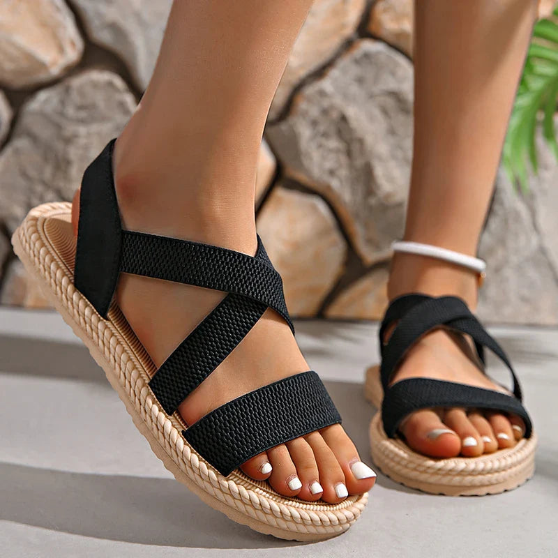 Marcella Dunvere | Crossover Strap Flat Sandals in Beige