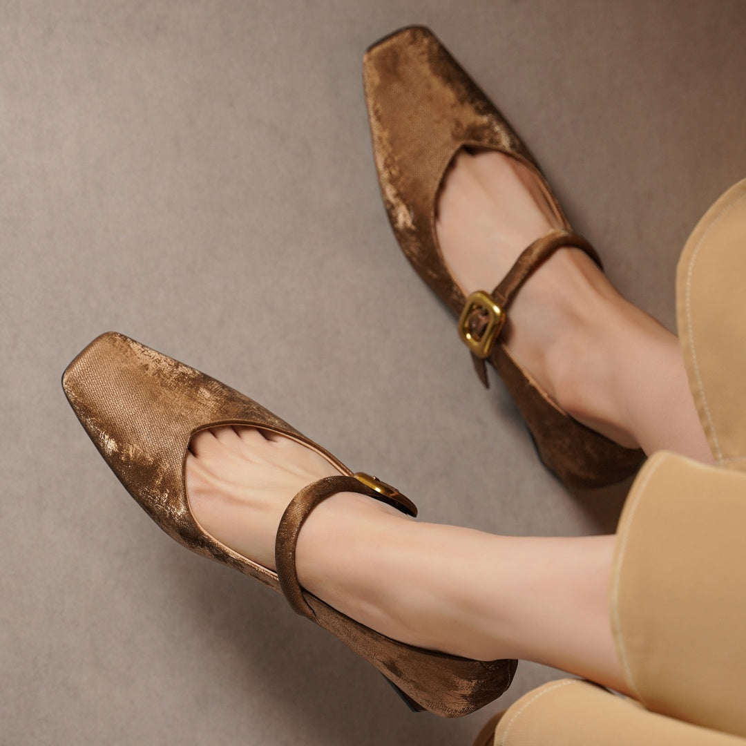 Sylvaine Delcroix | Velvet Mary Jane Heels with Gold Buckle
