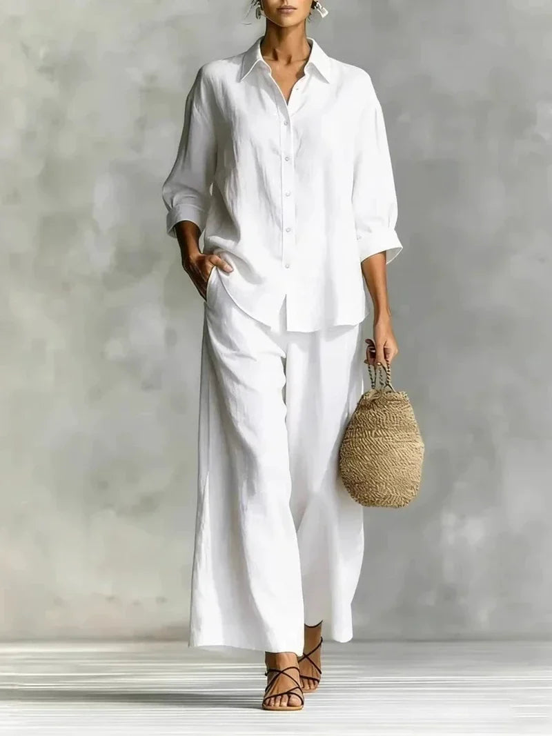Scarlett Green | Pink Linen Two-Piece Shirt & Wide-Leg Pants Set For Women