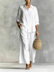 Scarlett Green | Pink Linen Two-Piece Shirt & Wide-Leg Pants Set For Women