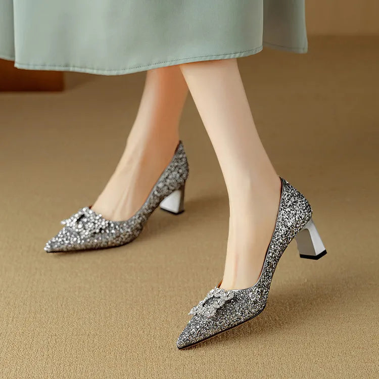 Clarisse Valenthorpe | Gold Glitter Block Heel Pumps with Crystal Buckle