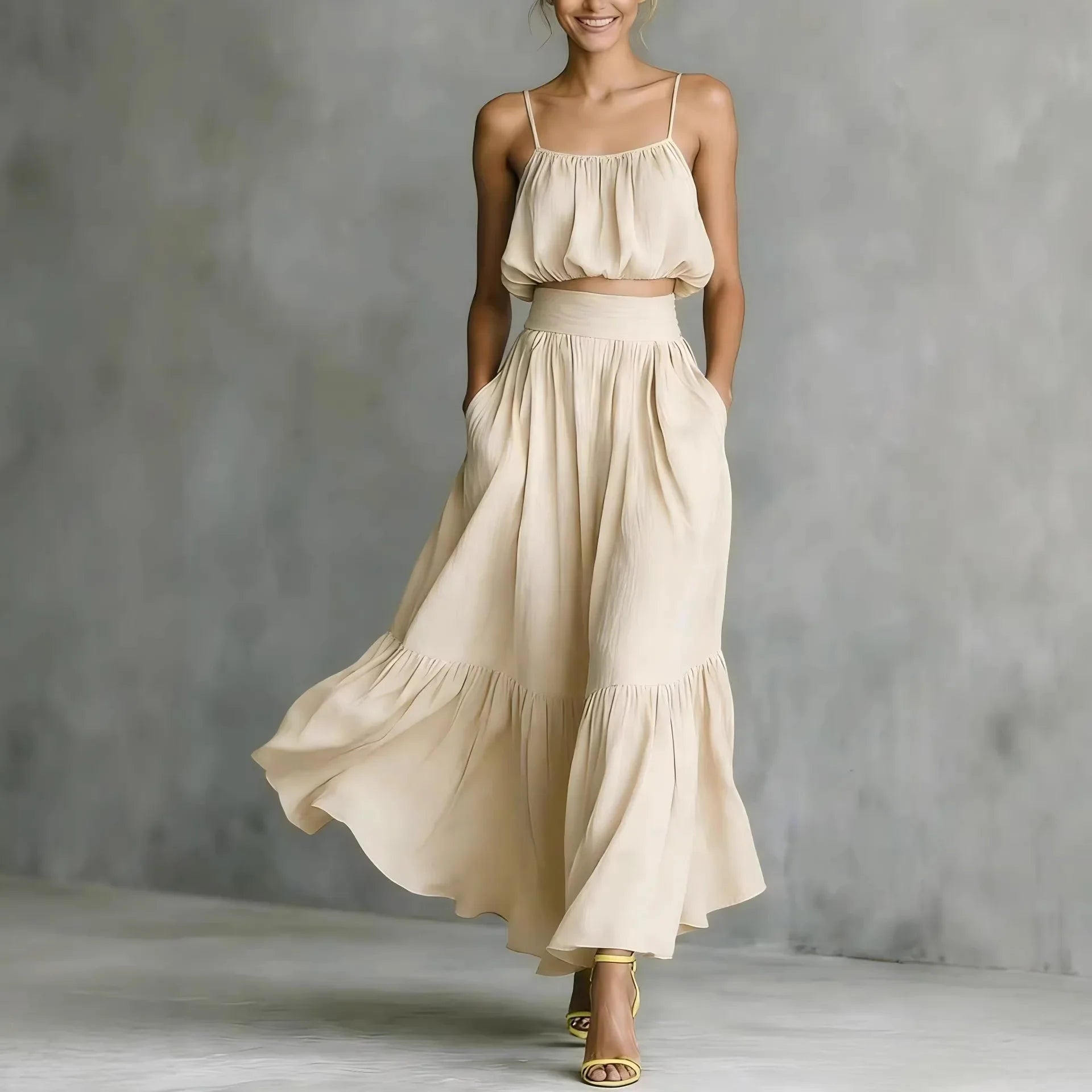 Valentina Greco | Olive Green Flowy Crop Top & Maxi Skirt Set For Women