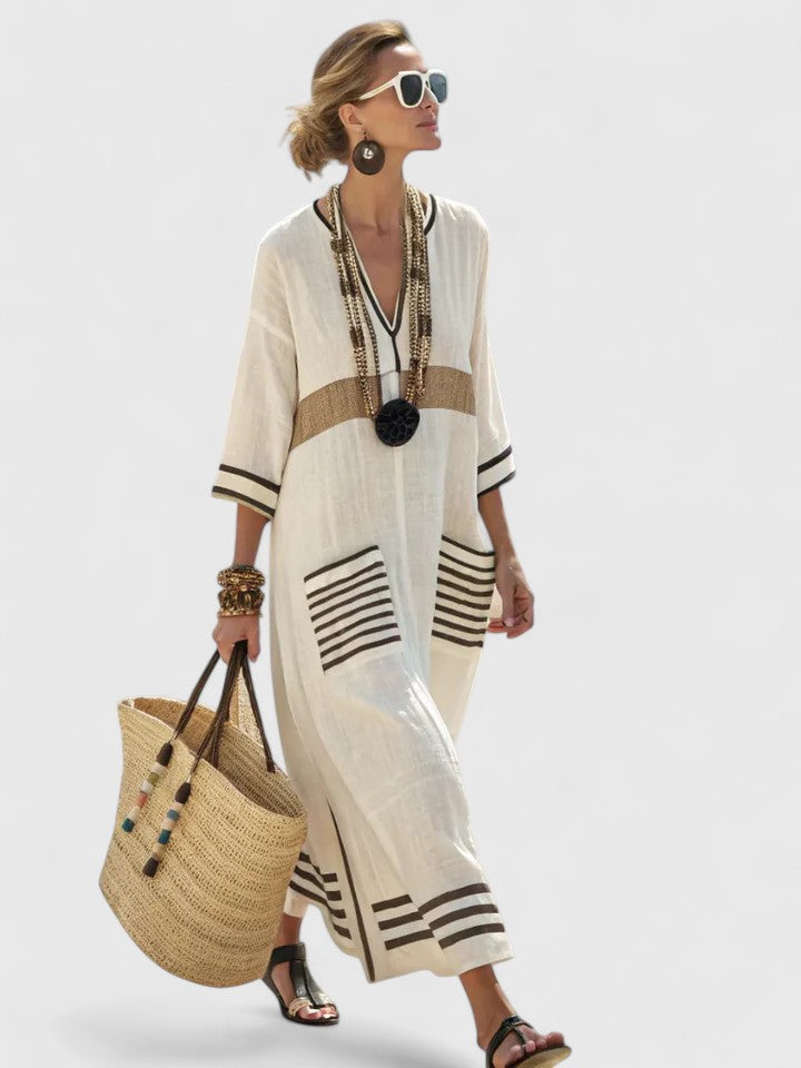 Coralie Deschambault | V-Neck Kaftan Maxi Dress with Stripe Detail