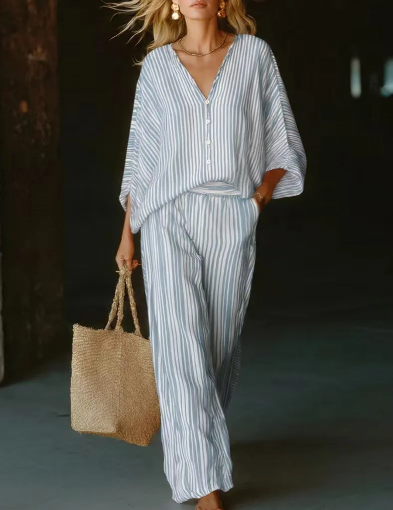 Natalie Rousseau | Striped V-Neck Two-Piece Matching Set For Women