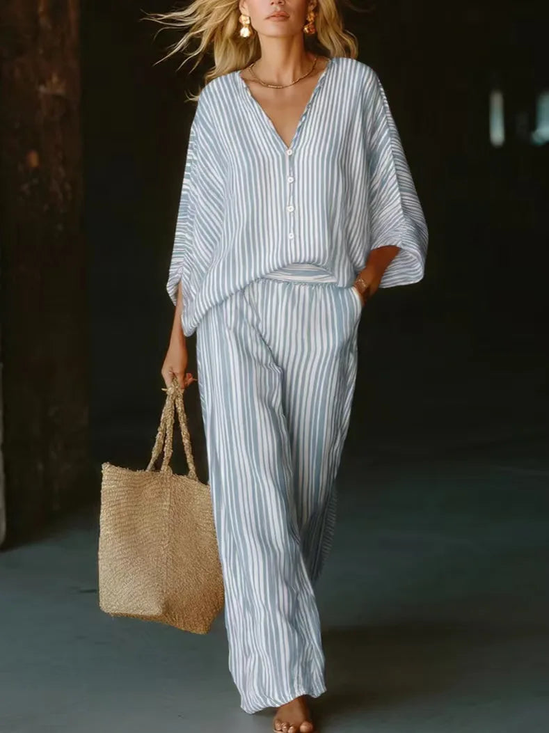 Natalie Rousseau | Striped V-Neck Two-Piece Matching Set For Women