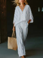 Natalie Rousseau | Striped V-Neck Two-Piece Matching Set For Women