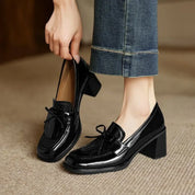 Leticia Beauvigne | Black Patent Tassel Loafer Block Heel Pump