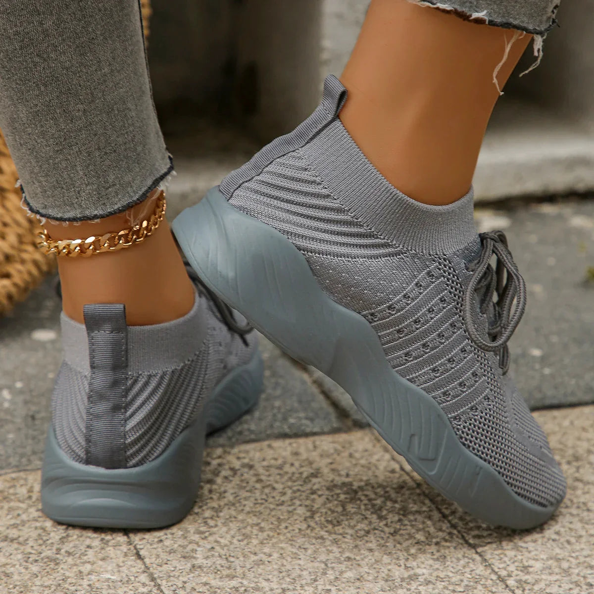 Emmeline Vaudreau | Beige Knit Lace-Up Sneakers for Women