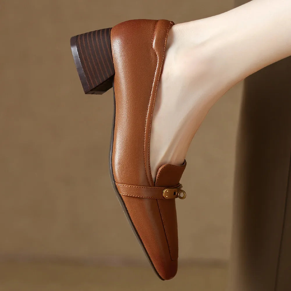 Thérèse Villeneuve | Brown Genuine Leather Low Block Heel Loafers