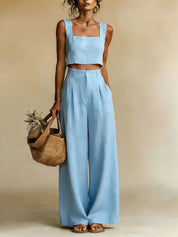 Harper Evans | Yellow Linen Crop Top & Wide Leg Palazzo Pants Set