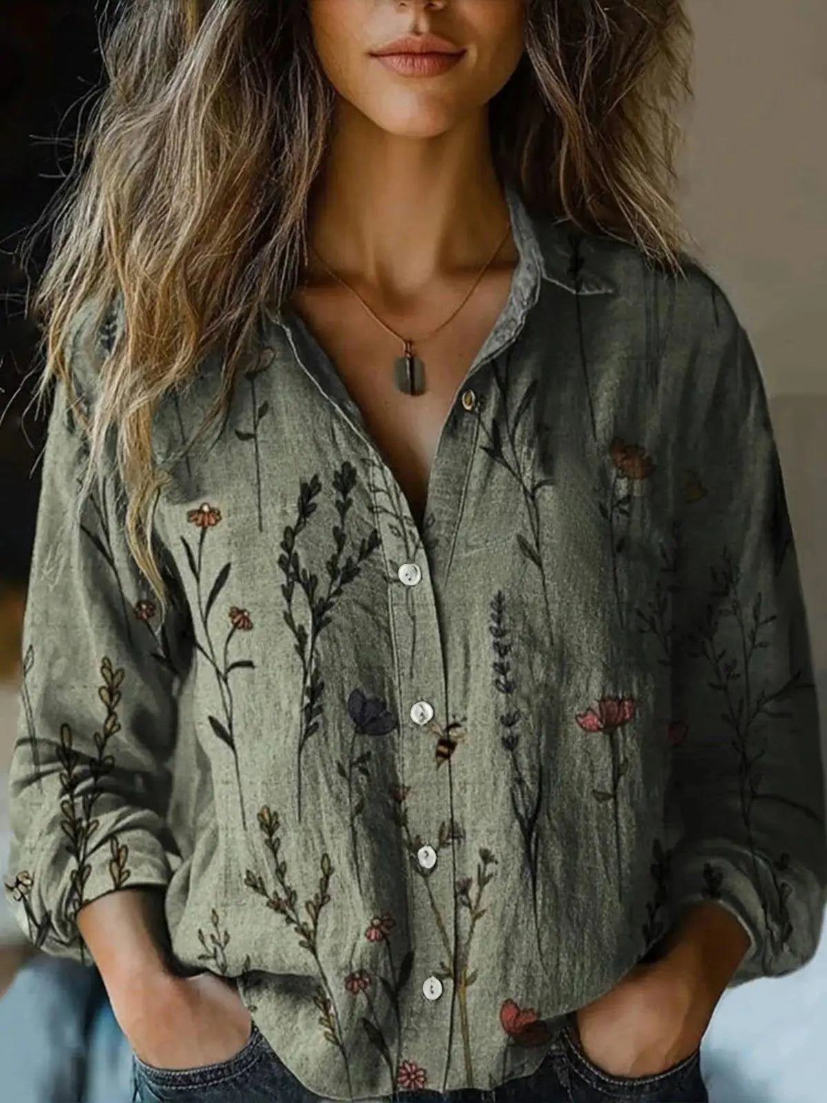 Genevra Winsford | Vintage Floral Print Long Sleeve Button-Down Shirt
