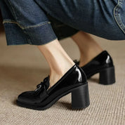 Leticia Beauvigne | Black Patent Tassel Loafer Block Heel Pump