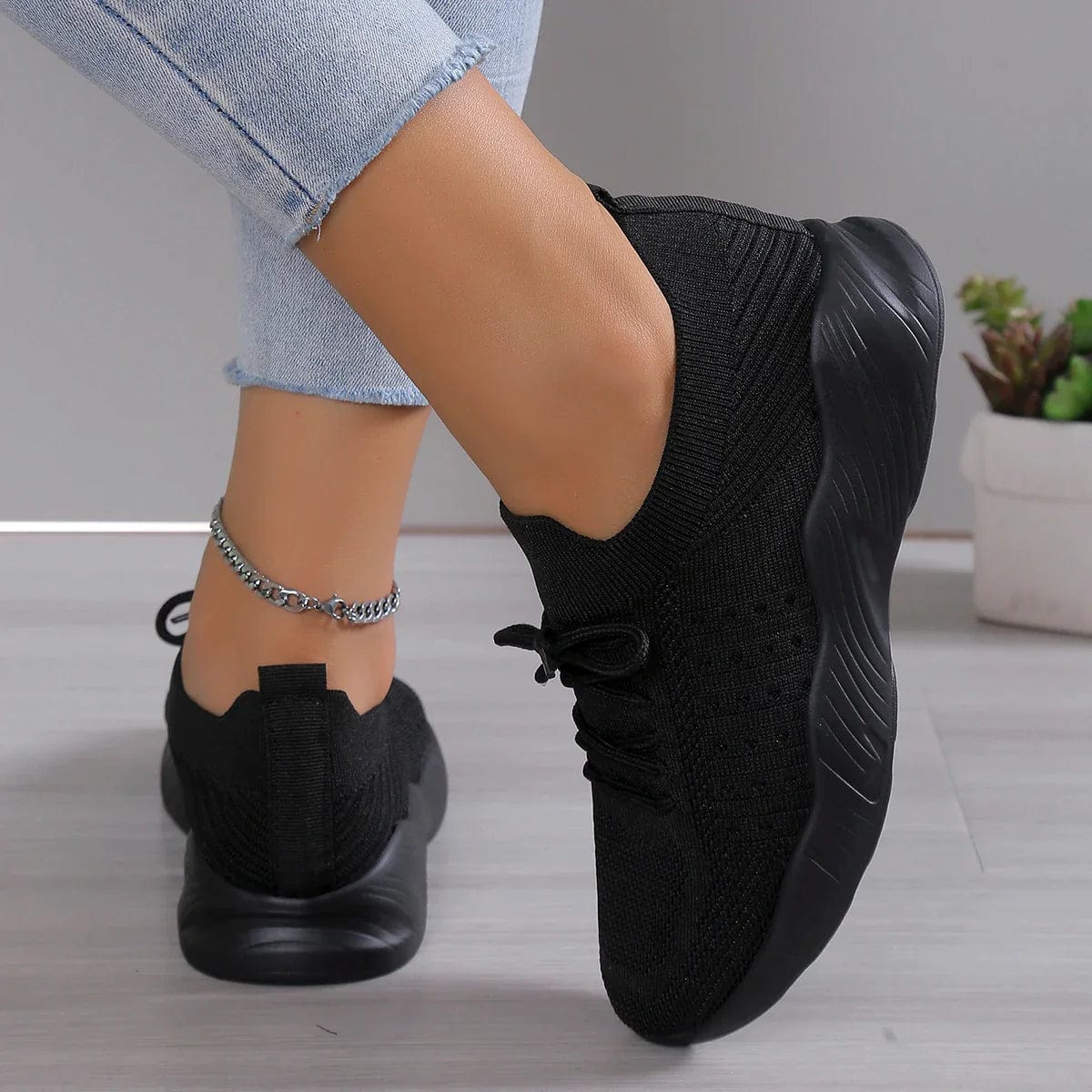 Lisette Bromwell | Black Knit Lace-Up Ortho Sneakers