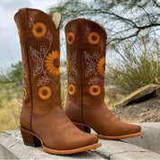 Sunny Delacroix | Sunflower Embroidered Cowboy Knee-High Boots For Women
