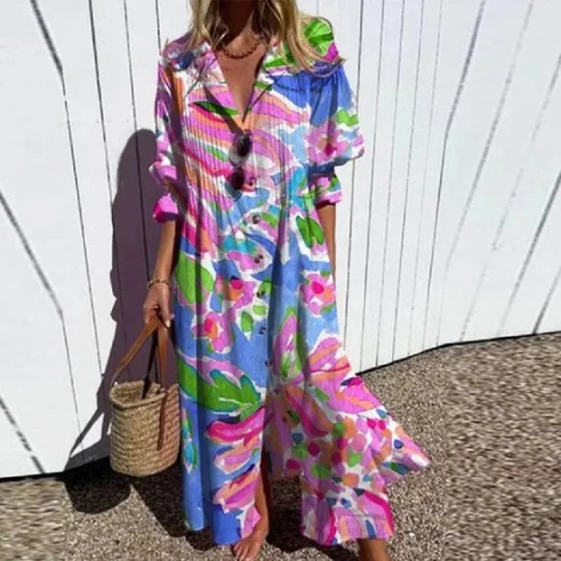 Thessaly Beaumont | Colorful Floral Maxi Dress with V-Neck