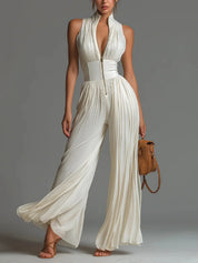 Hannah Clark | Floral Pleated Wide Leg Halter Jumpsuit For Women