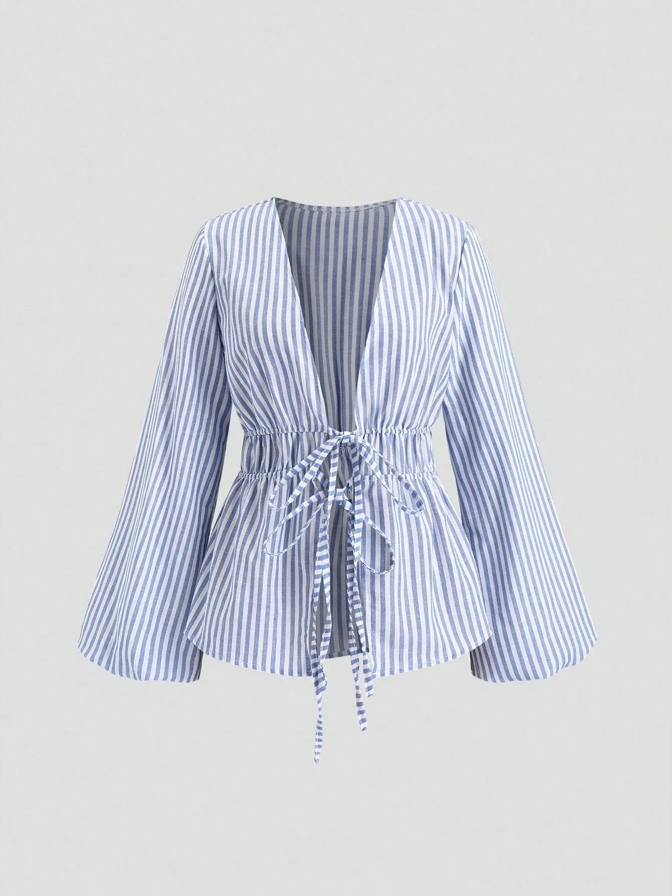 Sylvie Marchand | Blue Striped Deep V-Neck Blouse with Tie Front For Women
