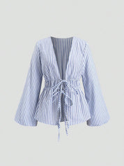 Sylvie Marchand | Blue Striped Deep V-Neck Blouse with Tie Front For Women