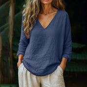 Aubrey Nelson | Cotton Linen V-Neck Long Sleeve Casual Top For Women