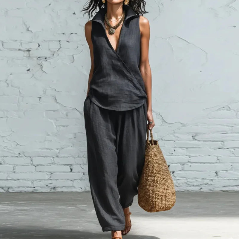 Noelle Fontana | Sleeveless Linen Two-Piece Matching Set For Women in Yellow
