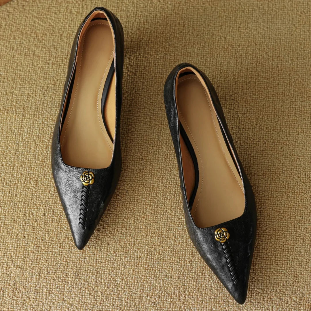 Violette Sanscourt | Burgundy Leather Pointed-Toe Heels with Gold Rose Detail