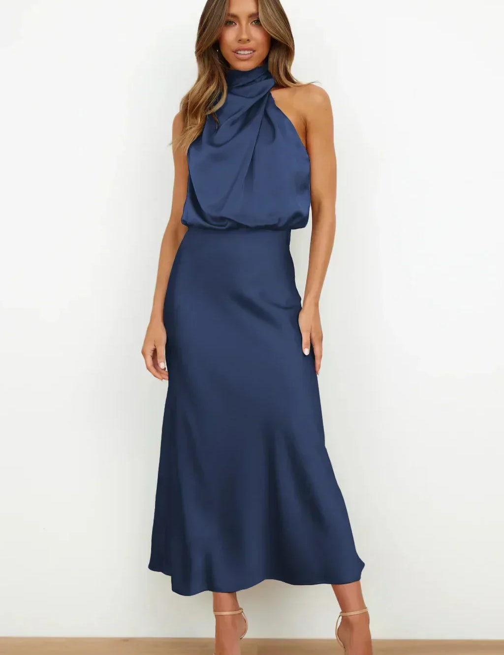 Seraffina Wolvecourt | Sage Green Satin Halter Midi Dress