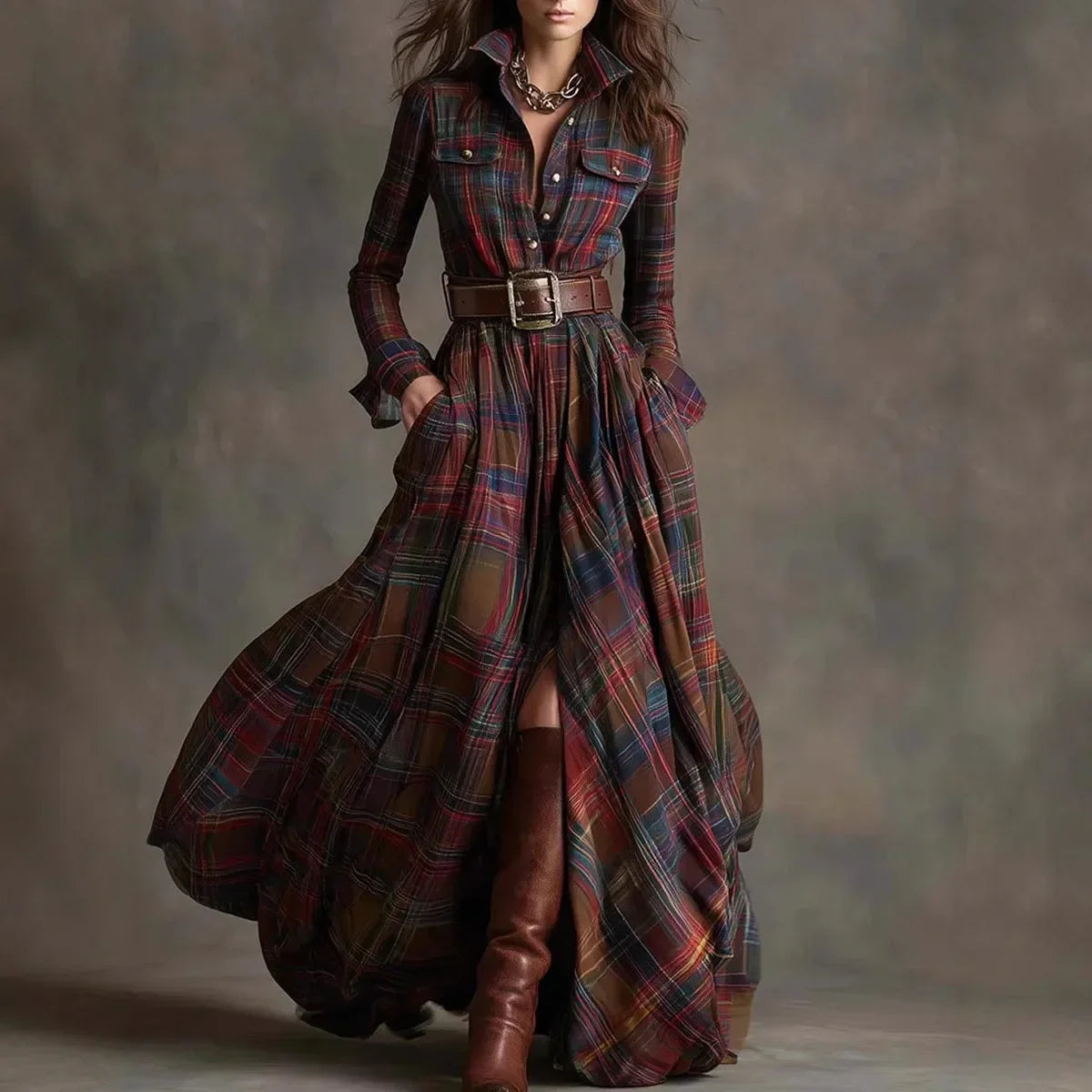 Isadora Pembridge | Tartan Plaid Maxi Shirt Dress with Belt