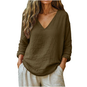 Aubrey Nelson | Cotton Linen V-Neck Long Sleeve Casual Top For Women