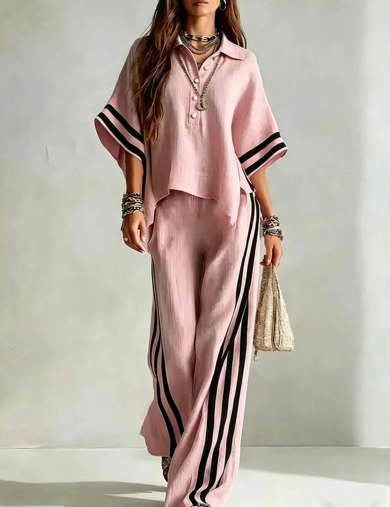 Renata Soleil | Khaki Striped Wide Leg Two-Piece Set For Women