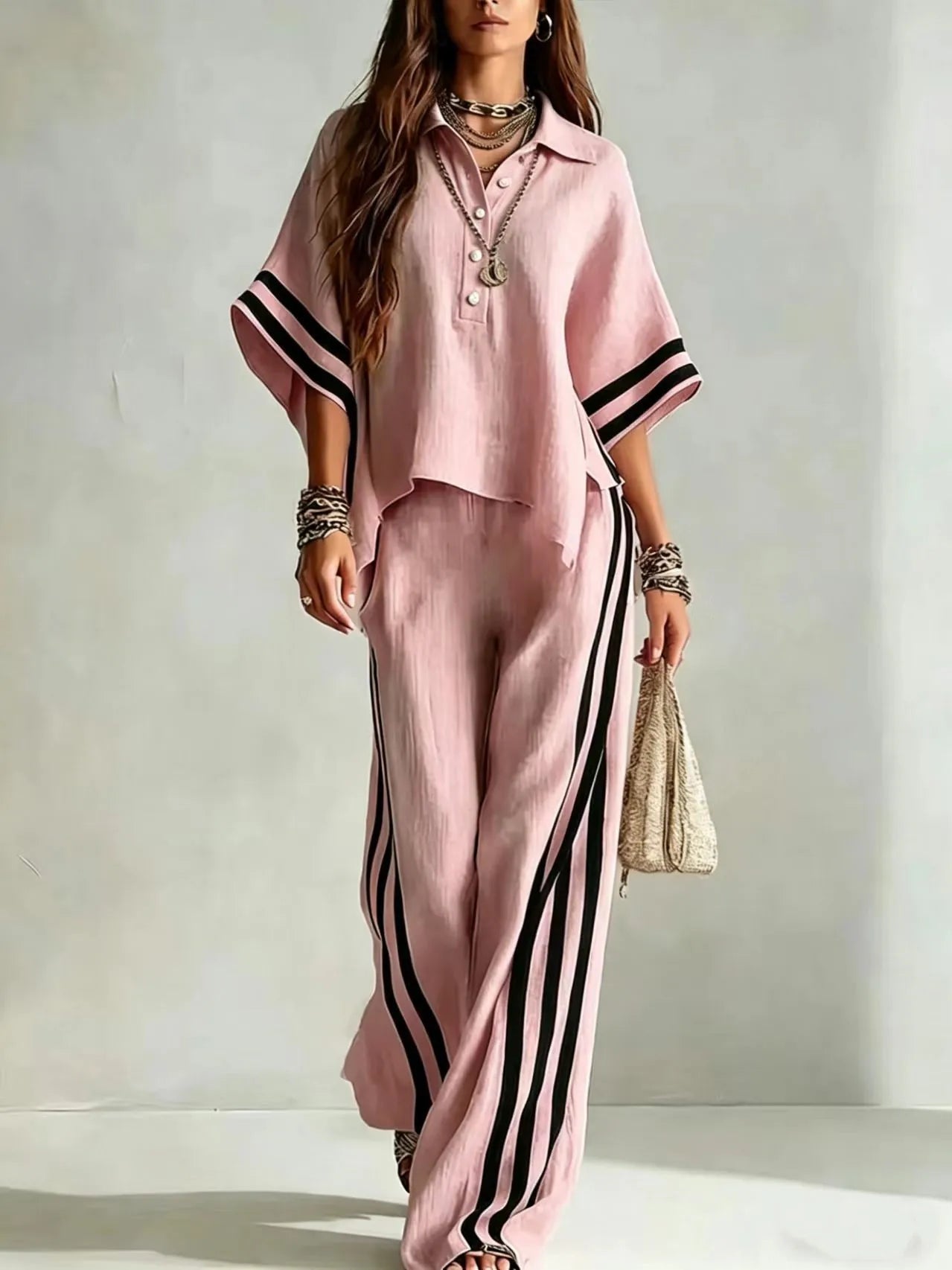 Renata Soleil | Khaki Striped Wide Leg Two-Piece Set For Women